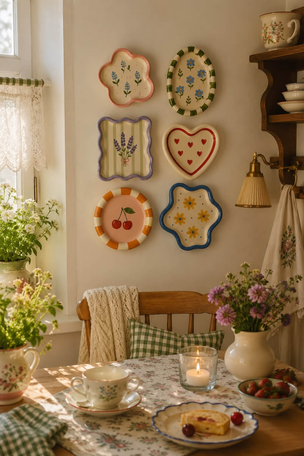 Various-shaped plates on a wall near a window with a lace valance.