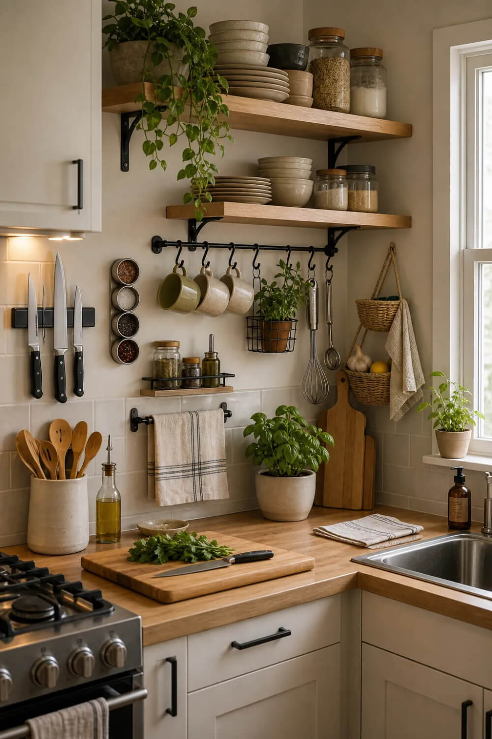 Vertical Living: Use Your Walls Wisely with this kitchen corner filled to the brim with storage on the counter and the walls.