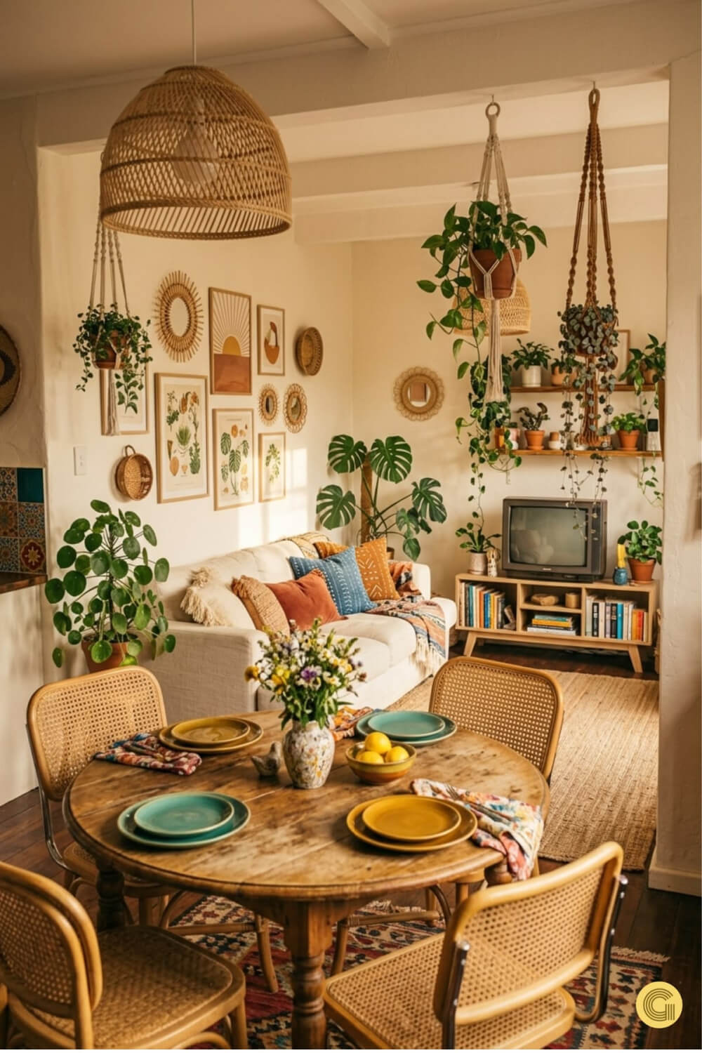 17 Ideas for Stylish Studio Apartments include this living area with a neutral couch and area rug. A round dining table is near it with cane chairs. Lots of hanging plants bring nature inside.