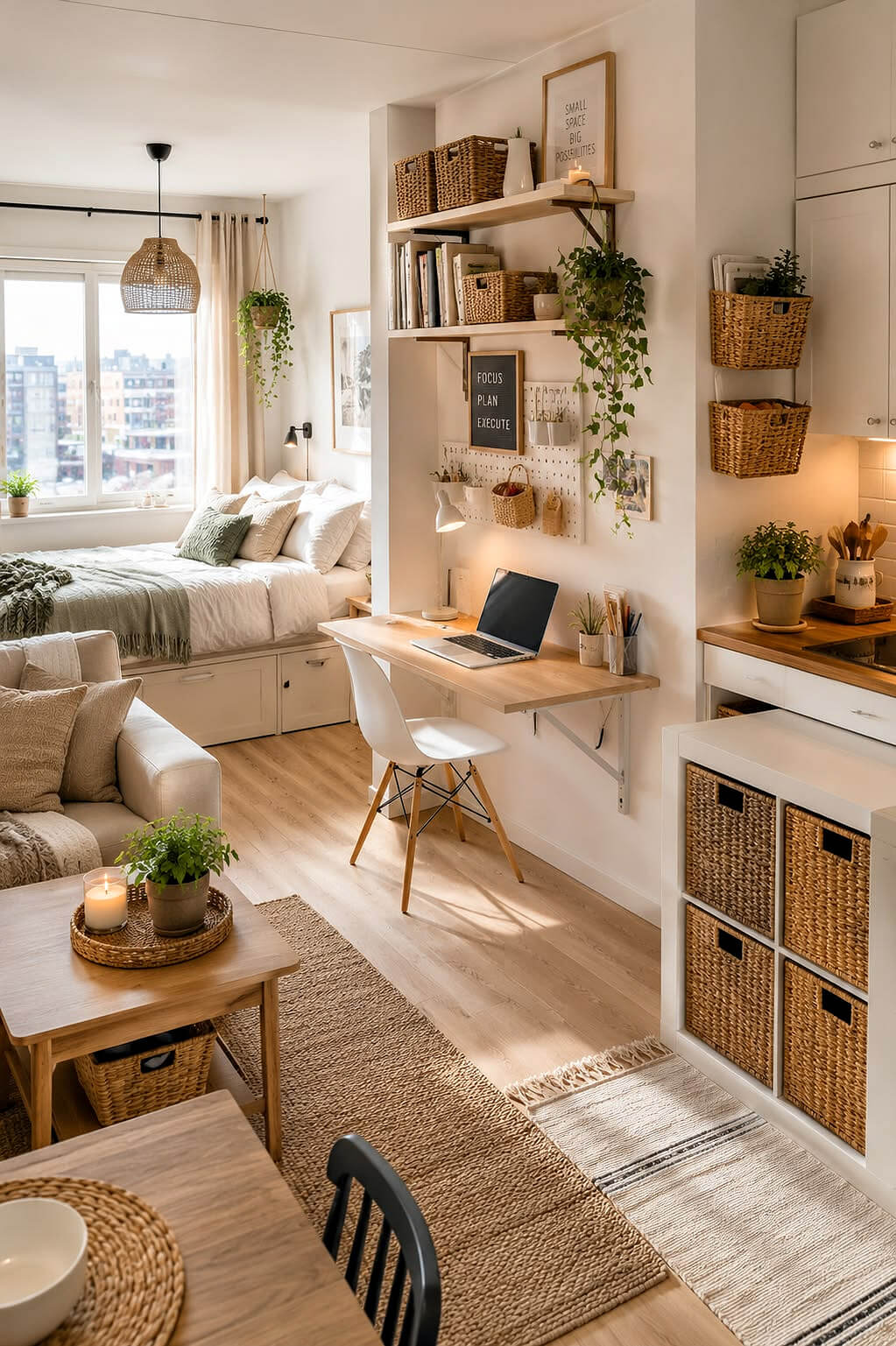 In 17 Ideas for Stylish Studio Apartments, look for a space with a large window to make your home feel like more space. This apartment has a bed next to the window, a couch nearby, and a built-in desk.