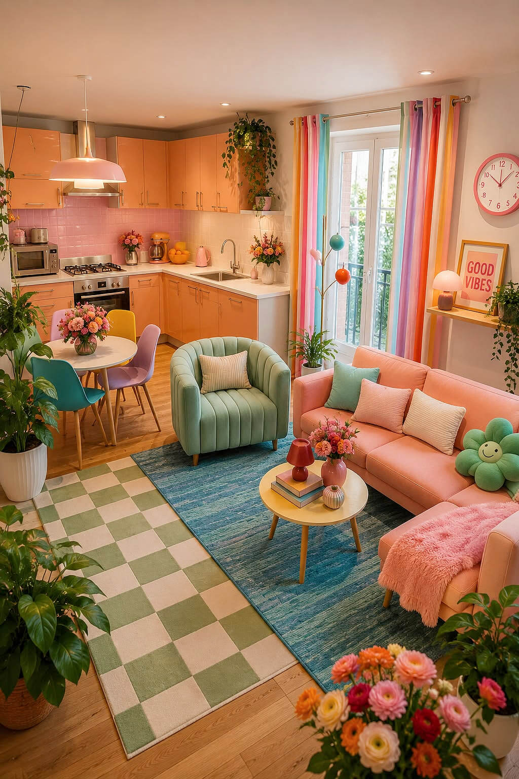 17 Ideas for Stylish Studio Apartments include using a color palette that is cohesive. This pink couch and mint green chair match the dining chairs.