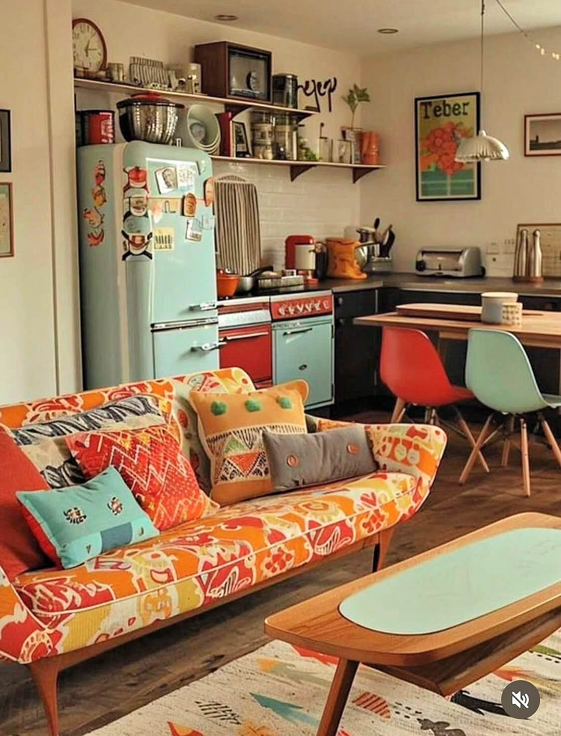 17 Ideas for Stylish Studio Apartments include this boho couch and coffee table, with a wooden table and simple chairs near the kitchen.
