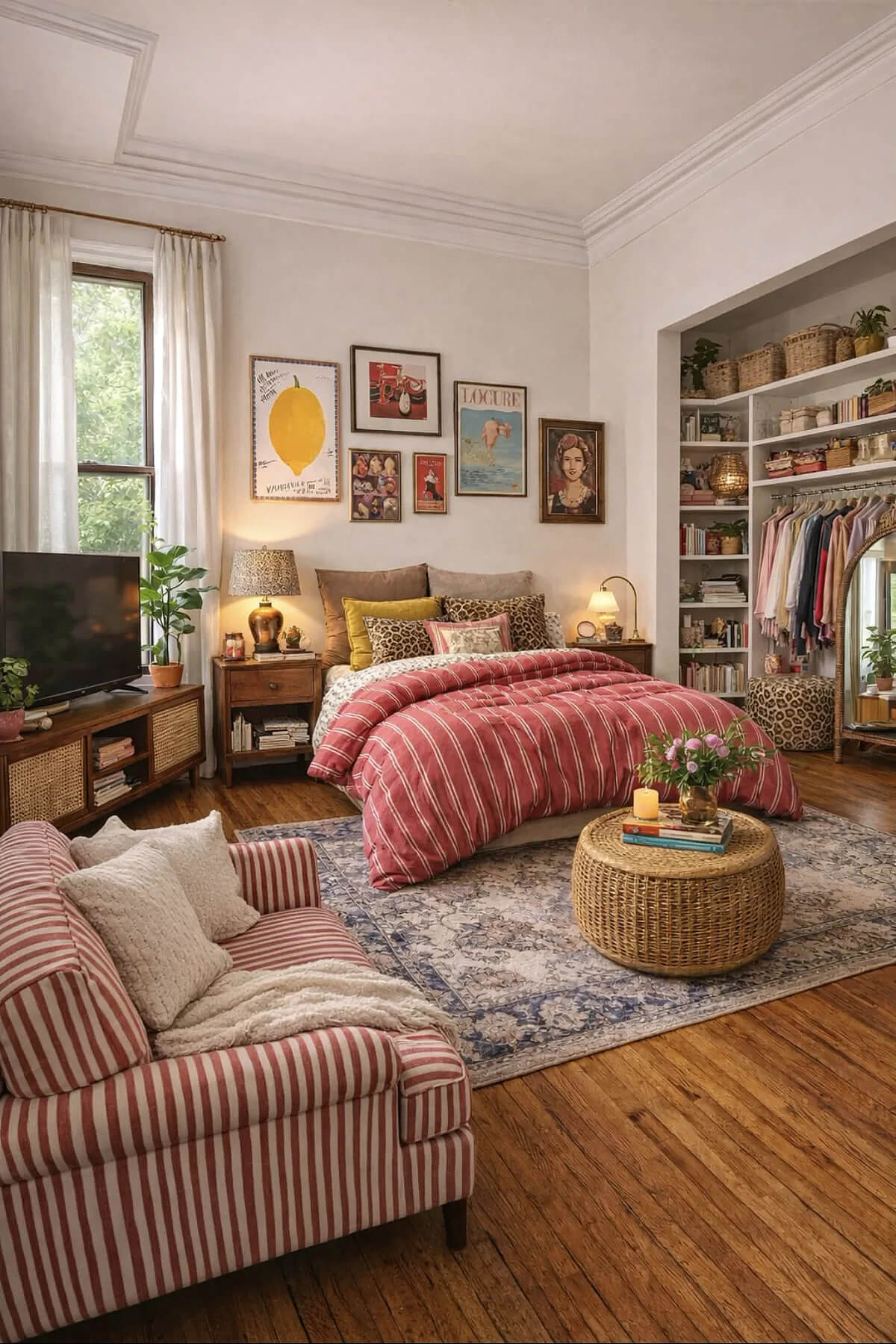 Red and white striped bedding and red and white striped seating with wicker coffee table.