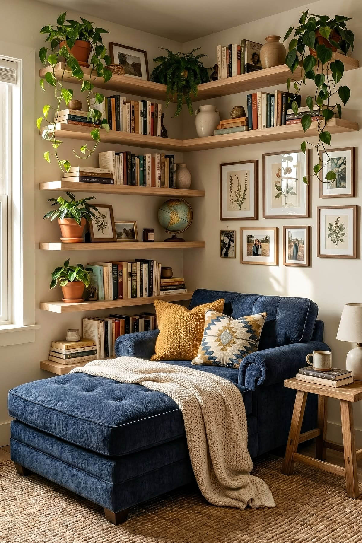 A blue velvet living space/reading nook with throw pillows, a side table with books and lamp. And it's next to shelves on the wall with books and plants.