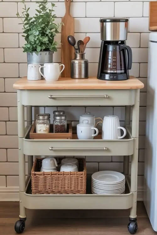 25 clever ways to display coffee mugs include this bar cart with a coffee maker on top.