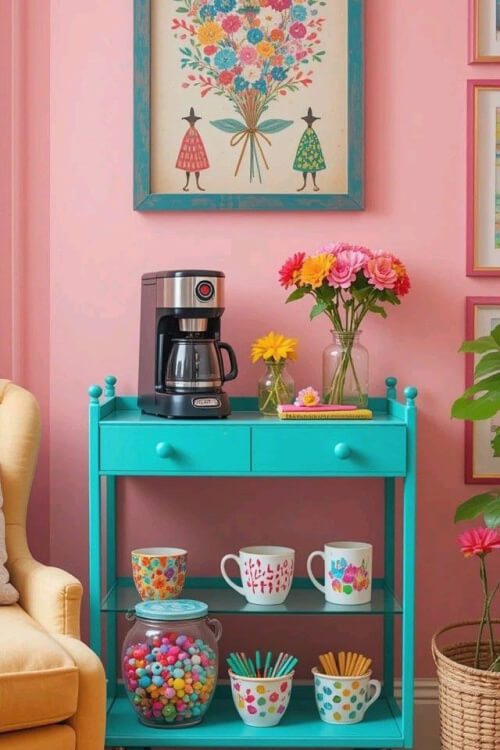 25 clever ways to display coffee mugs includes this turquoise wood piece of furniture with drawers and shelves below.