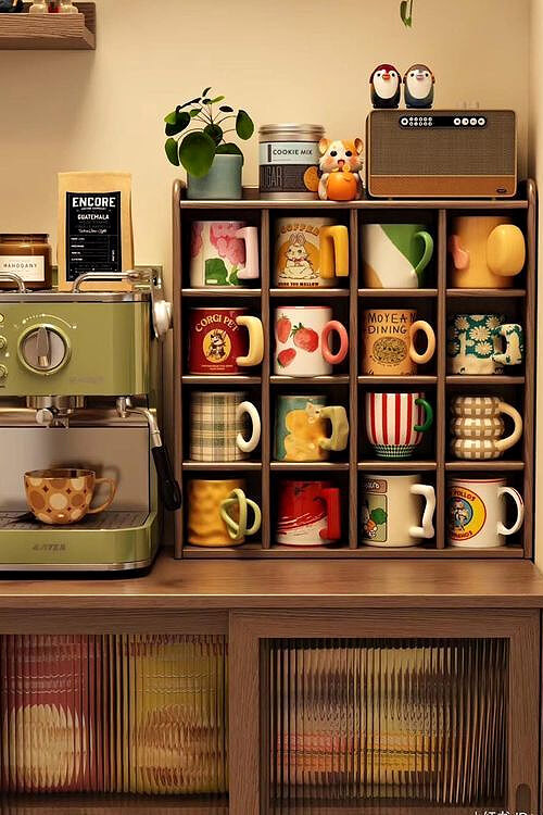 A coffee bar with mugs in individual spaces in a table shelf.