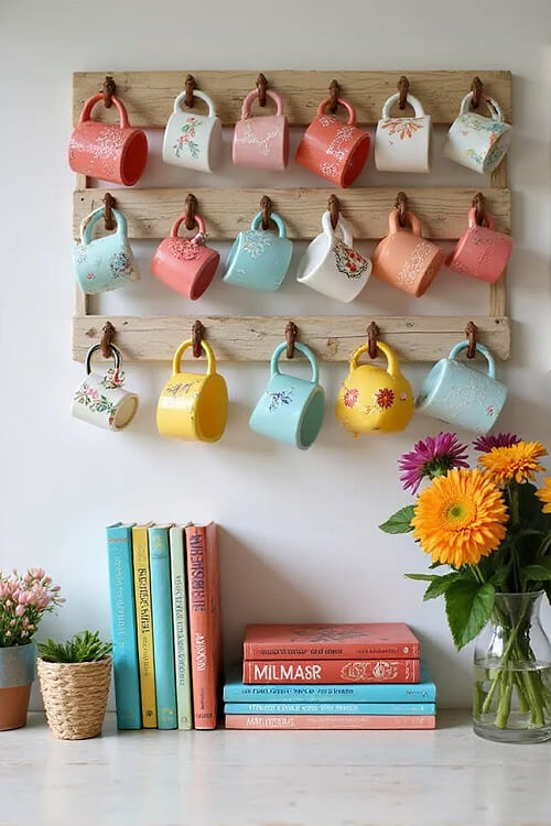 Mugs hanging from a wood pallet on the wall.