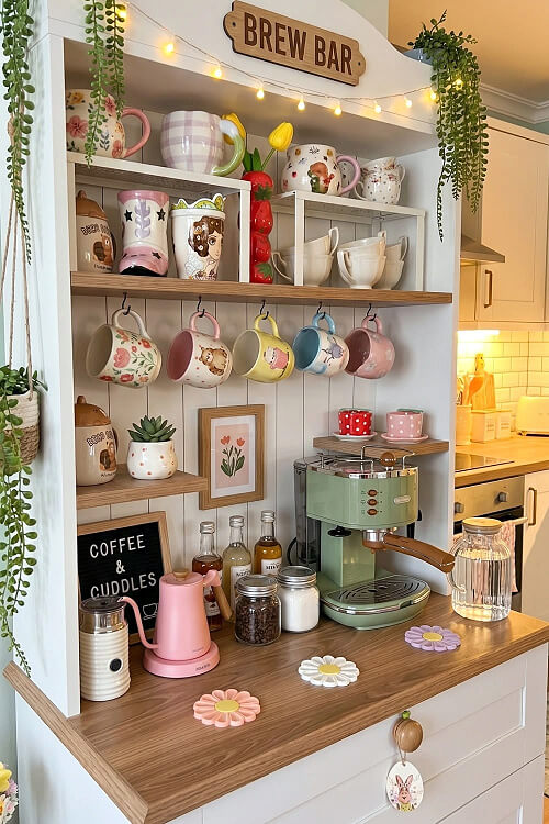 25 clever ways to display coffee mugs includes this piece of furniture with shelves and hooks.