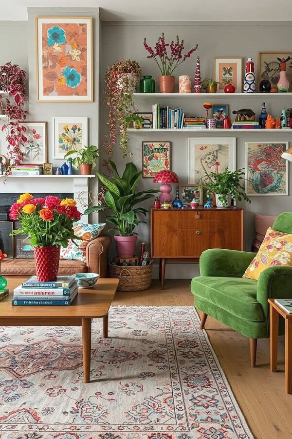 Vertical Living: Use Your Walls Wisely by adding wall shelves. A green velvet chair is nearby with a side table and a coffee table.