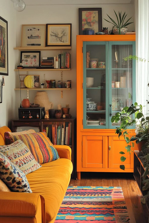 A bohemian sitting area with a gold velvet couch and an orange standing bookcase.
