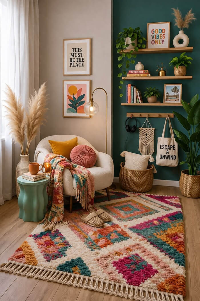 Vertical Living: Use Your Walls Wisely with a peg rail for artwork and fabric bags. An easy chair with a gold and pink pillow is beside it.