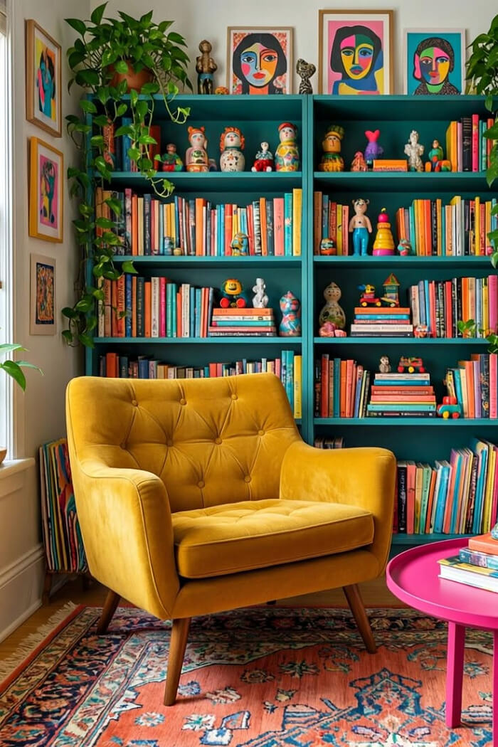 A gold chair in front of a turquoise set of bookshelves and a pink coffee table with books.