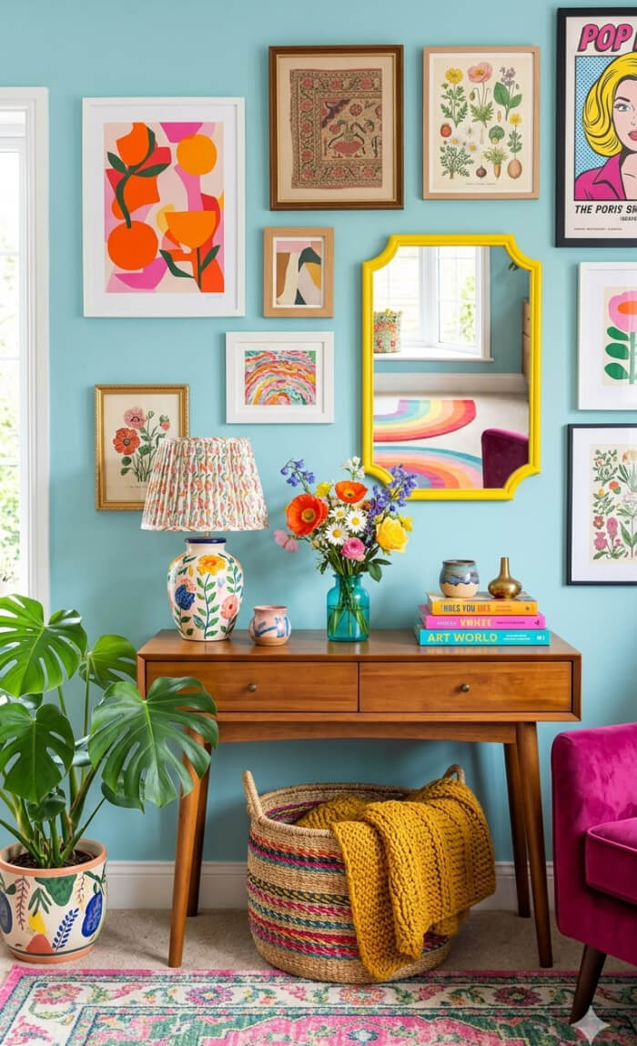 A mid-century desk with a floral lamp, a vase of flowers, and books. There is artwork and a mirror on the wall above, with a monstera plant beside it.