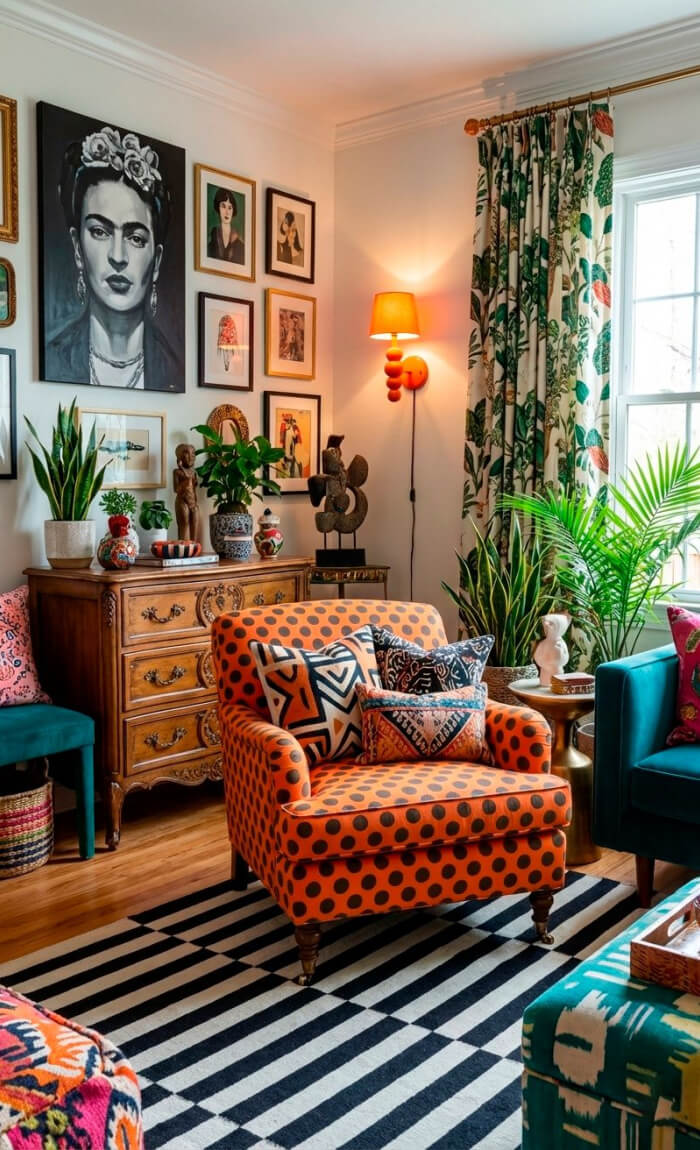 Vertical Living: Use Your Walls Wisely for all kinds of artwork, both pretty and functional. Here is an orange and black polka-dotted chair with a dresser behind it.