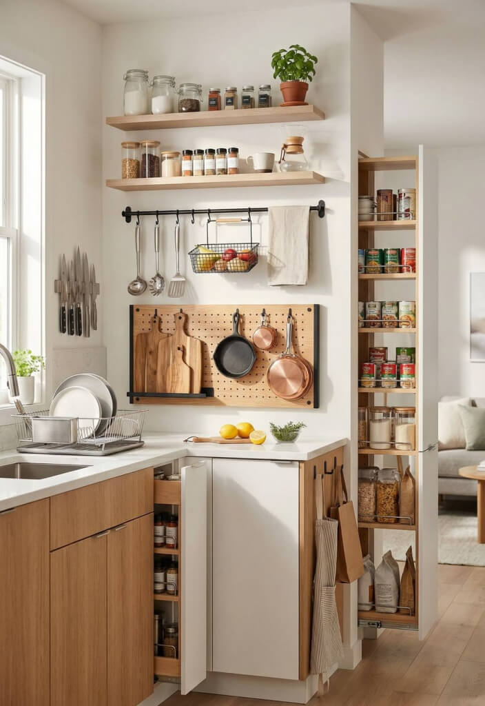 Vertical Living: Use Your Walls Wisely with wall shelves, pegboard, and a black pot rack. Below is cabinet and counter space and a pull out pantry shelf.