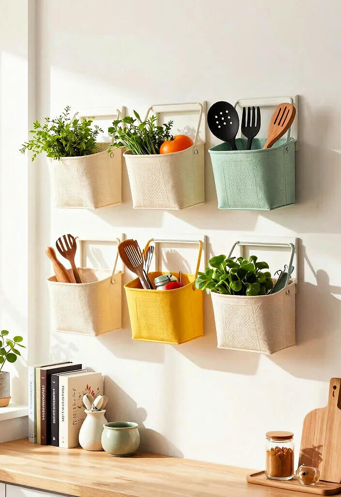 A small wall area with canvas baskets holding kitchen items.