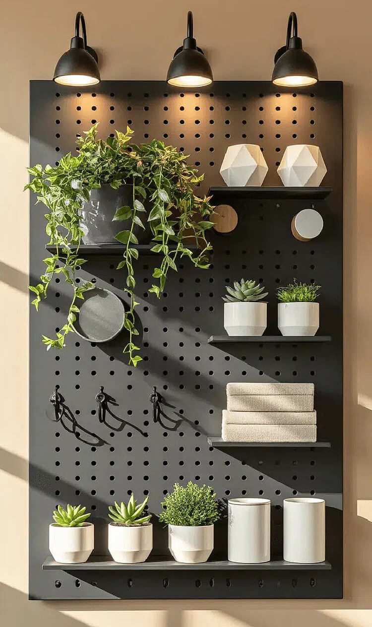 Vertical Living: Use Your Walls Wisely with this stylish black pegboard holding decorative books, plants, and vases. It has a trio of black lights above it.