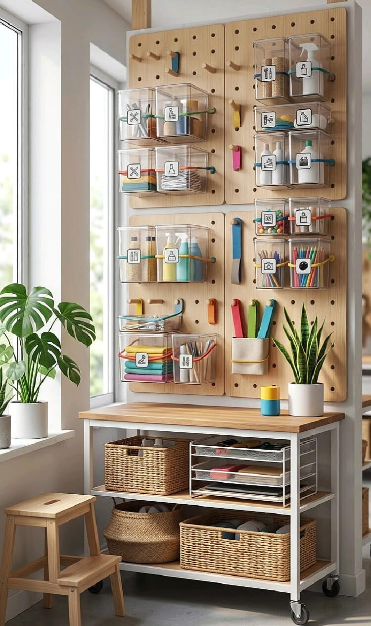 A corner space for crafts craft supplies in a rolling cart. A pegboard is on the wall above it with more storage. A monstera plant sits in the window and a wooden step stool is beside it.