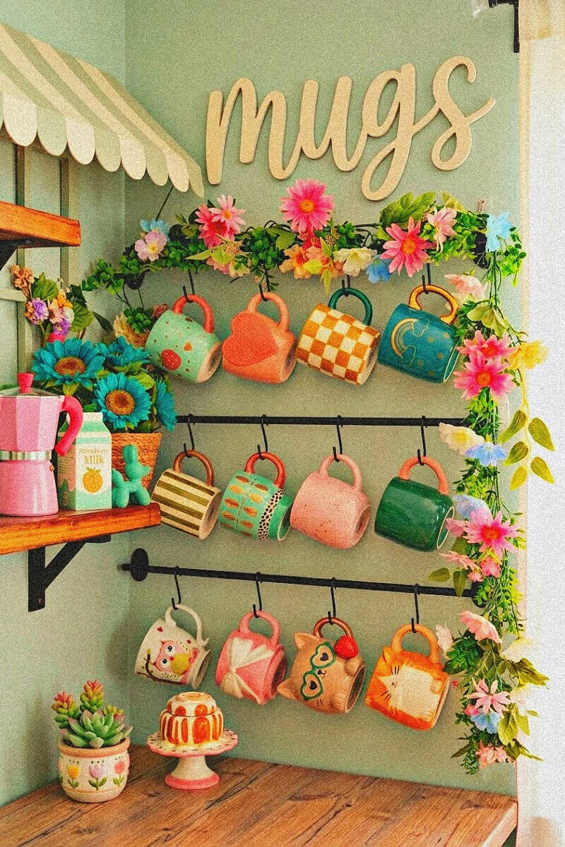 A steel bar display with hanging mugs and a MUGS sign above them.