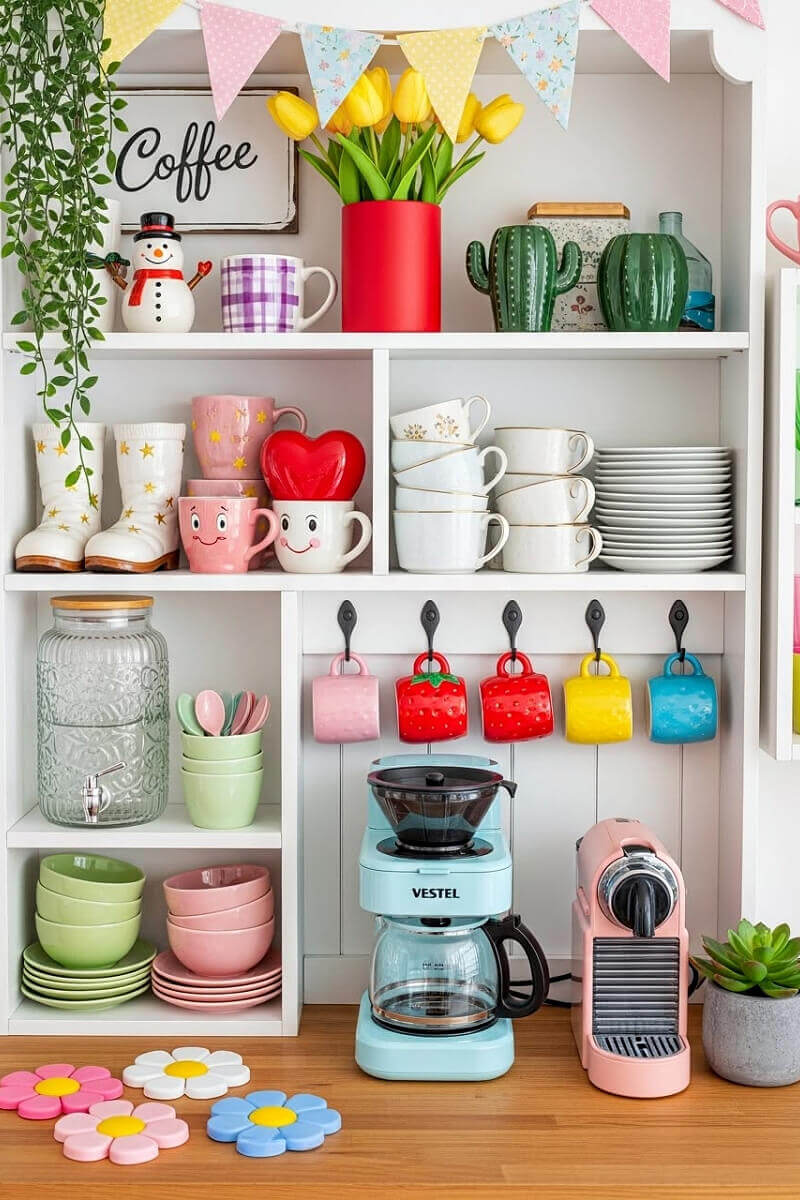 25 clever ways to display coffee mugs include stacking them on a shelf or hanging them below it.
