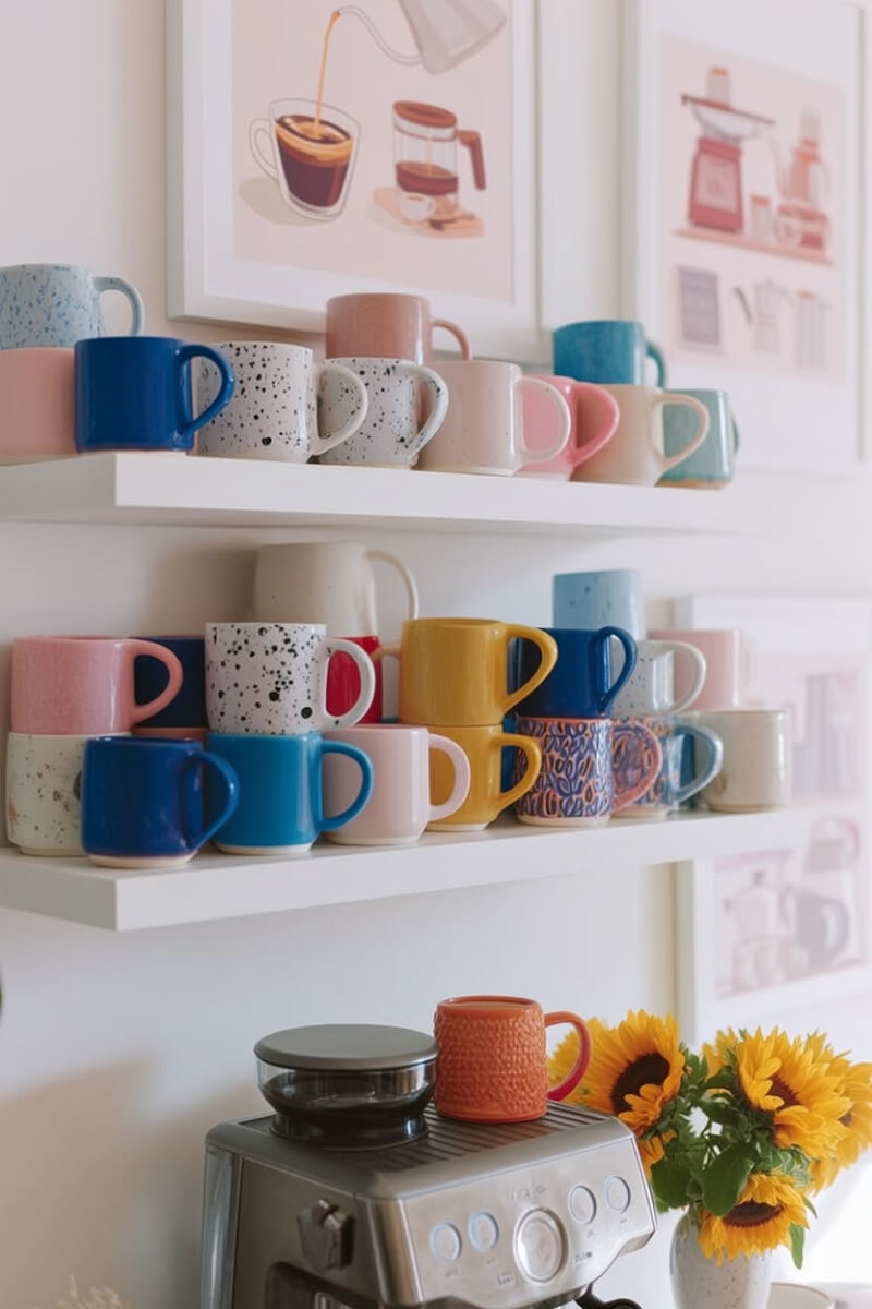 25 clever ways to display coffee mugs includes these white shelves mounted on the wall above a coffee maker.