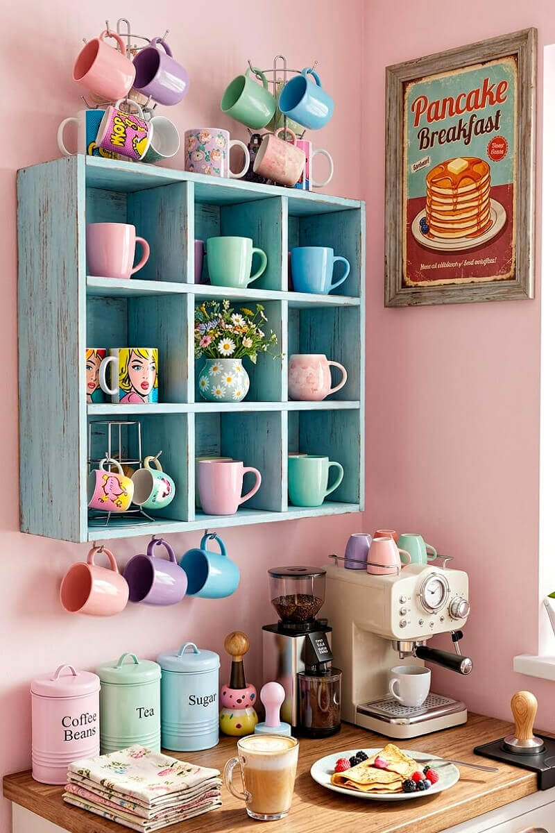 A blue wall shelf with cups in individual cubbies hanging on the wall.