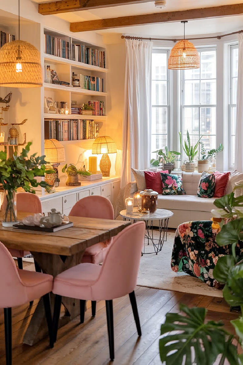 A couch under a window with plants faces a wooden dining table with pink chairs.