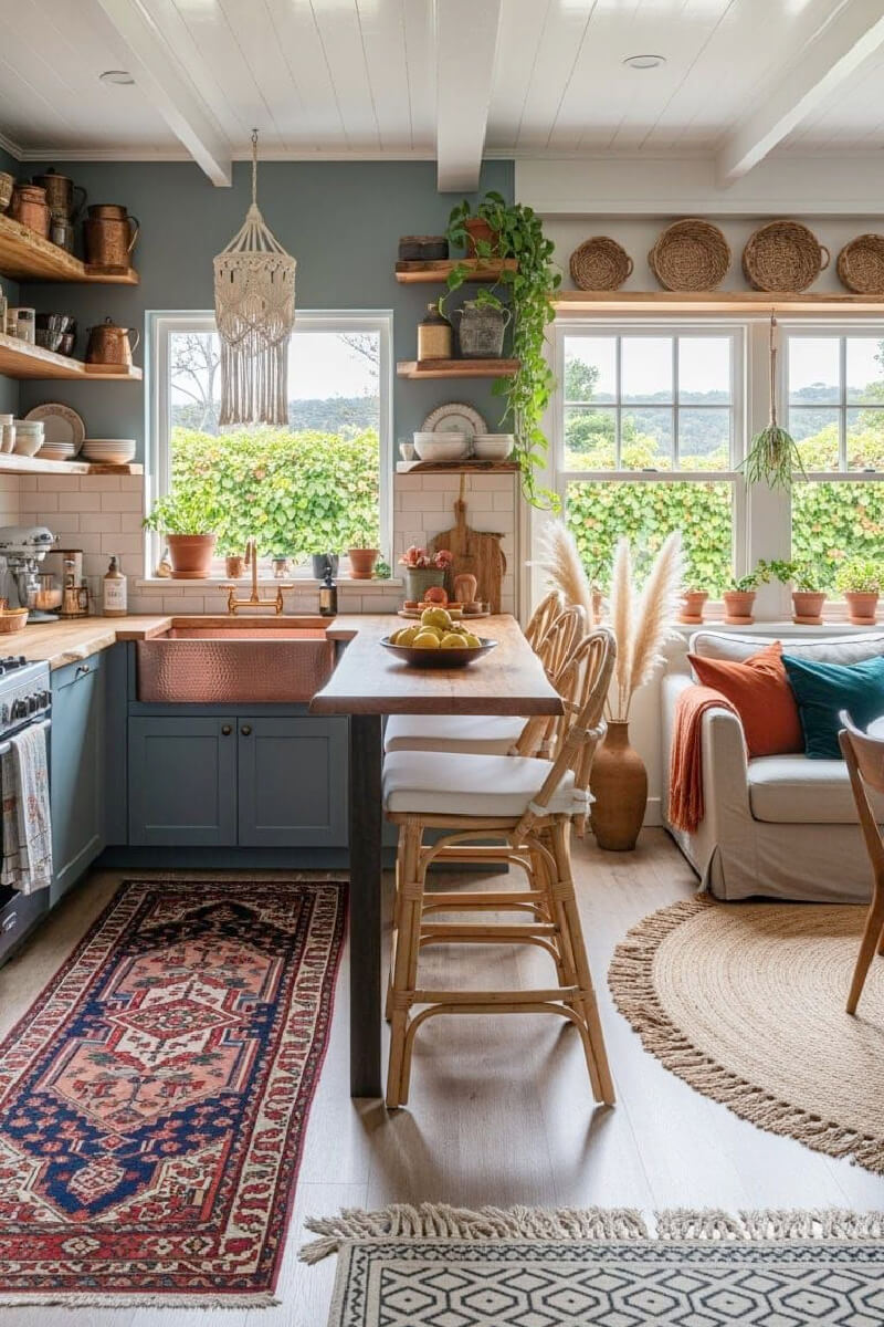 17 Ideas for Stylish Studio Apartments include this neutral couch with a round area rug next to a bar style counter and high chairs.
