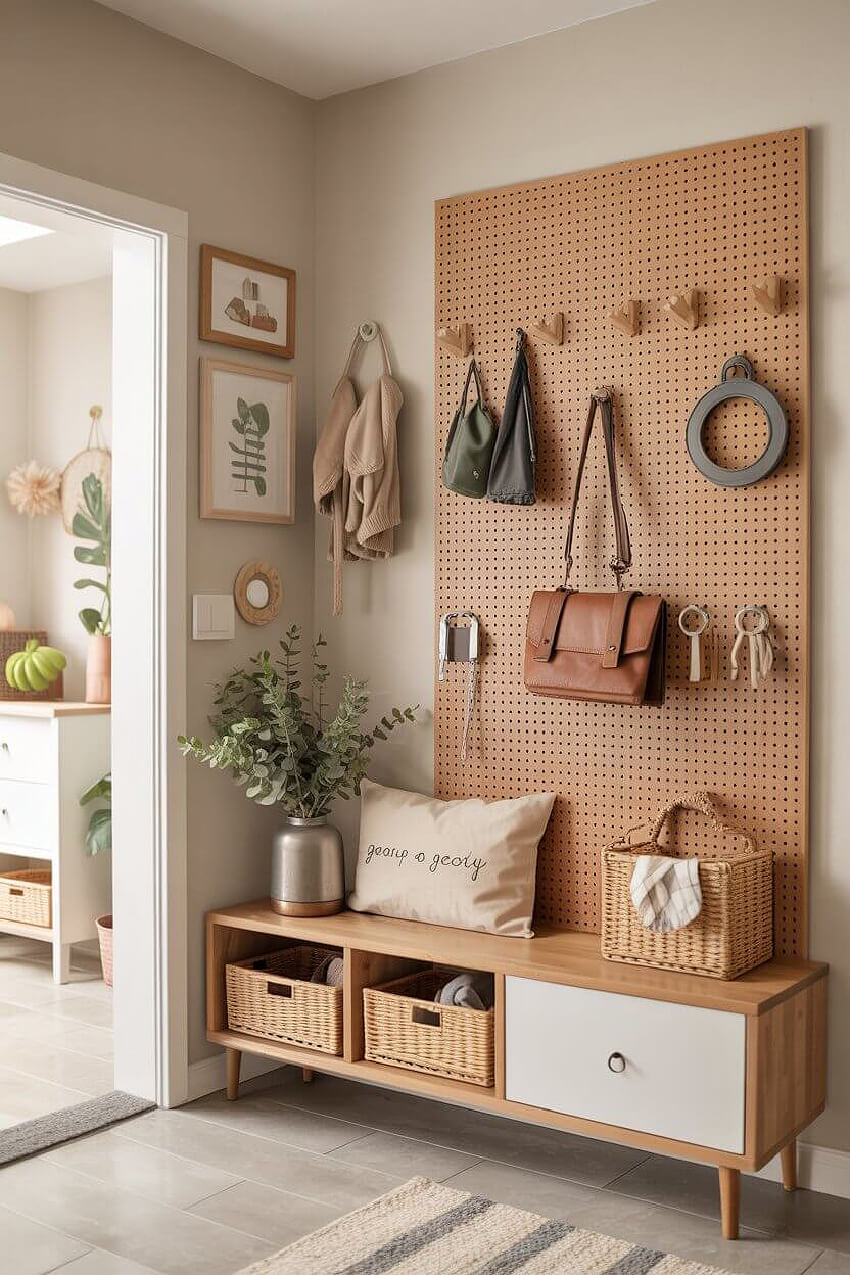 A pegboard on the wall for storage with a short co sole with baskets and a drawer.