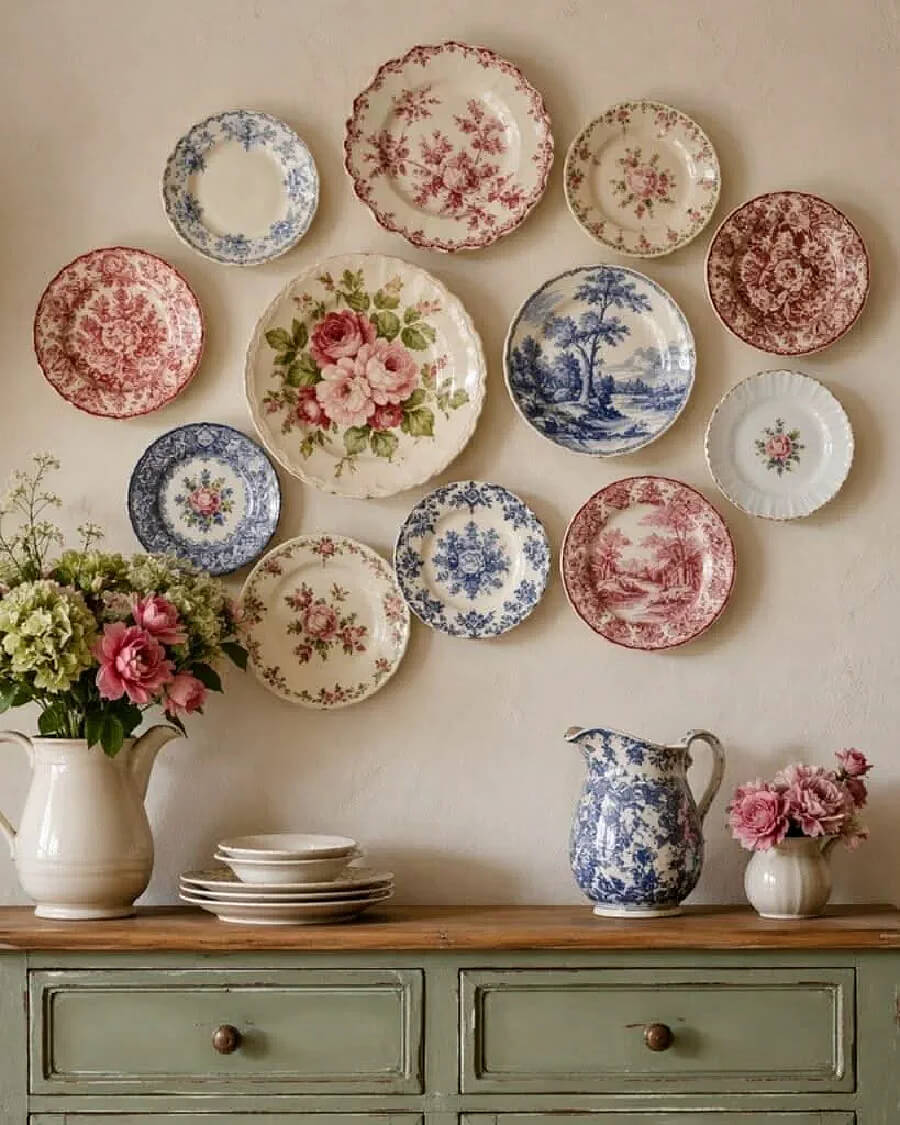 An irregular red, white, blue, and green floral plate wall. There is a beige pitcher with flowers, a stack of beige dishes, a blue and cream pitcher and a beige pitcher of pink roses.