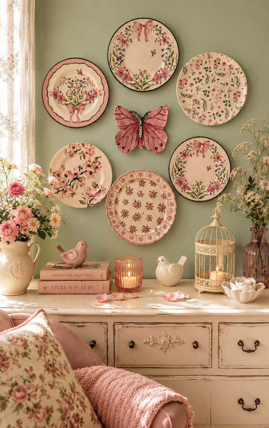 A feminine wall of pink, cream, and green plates with a pink butterfly-shaped plate in the center. The wall is painted a soft green and flowers are underneath.