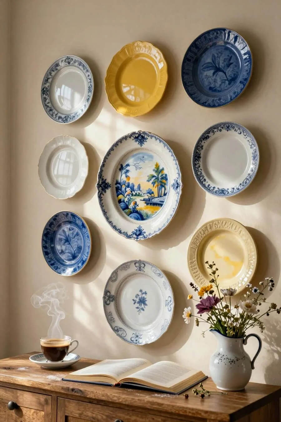 A blue, yellow, white, and neutral plate wall. Below is a wooden table with a steaming beverage, an open book, and a pitcher with flowers.