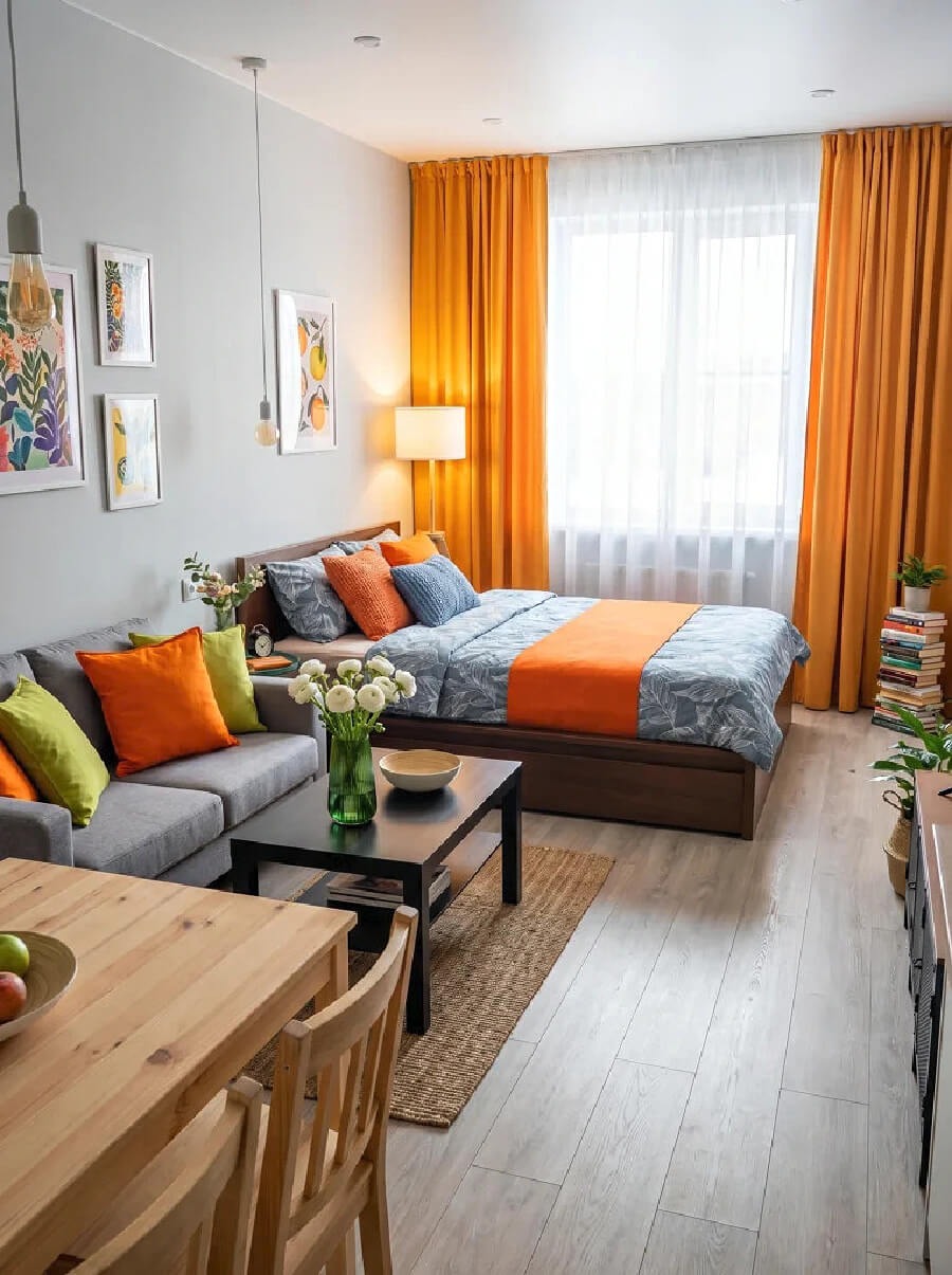 Orange and blue bedding on bed next to window with orange curtains. Gray loveseat with black coffee table. Plain wood dining table and chairs.