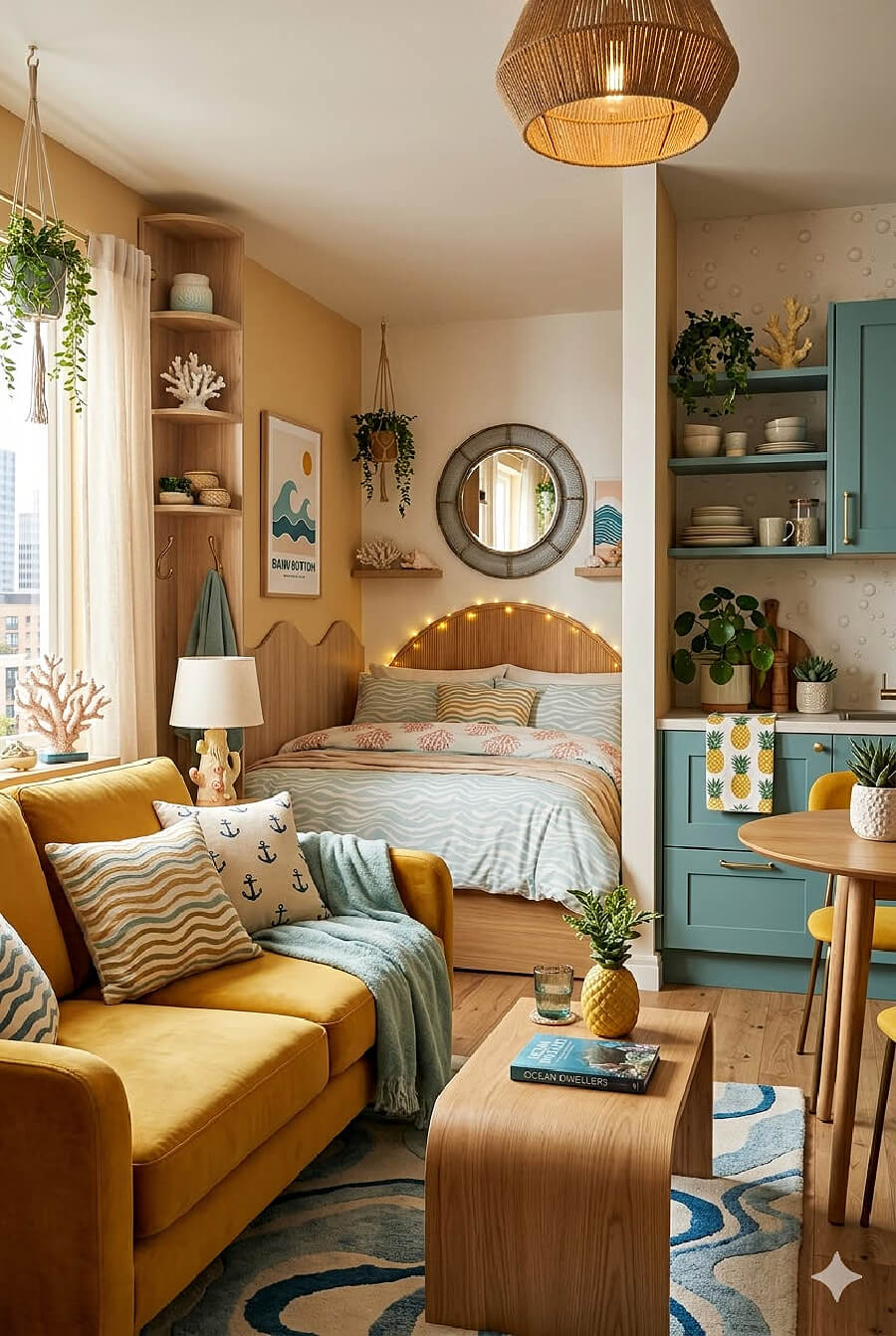 A bed in a little nook, a gold couch near it with a coffee table, plus a round dining table with gold chairs.