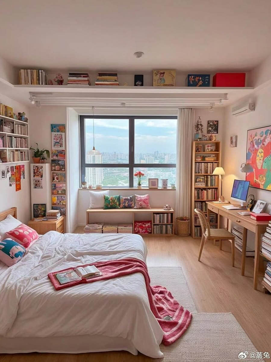 Lots of natural light is a big plus in this small apartment. A desk and chair sit opposite the bed.