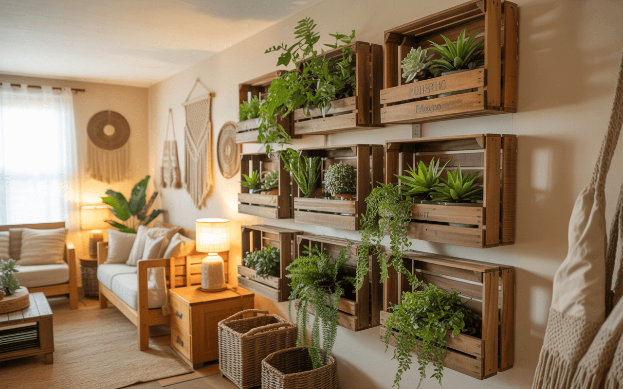 A long wall with repurposed crates used to hold plants. A seating area is next to it.
