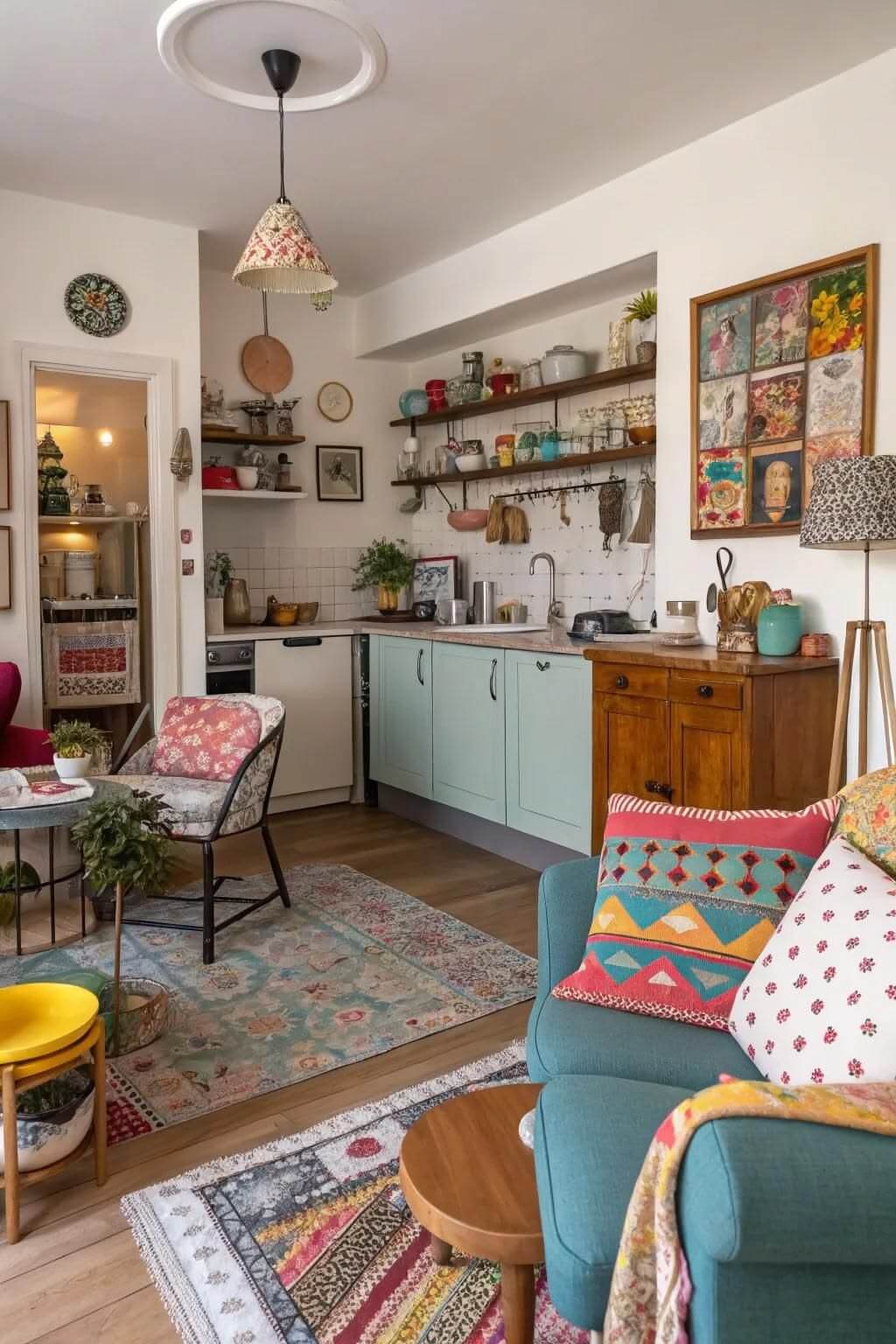 A space with a small kitchen, a dining area, and a boho style couch.