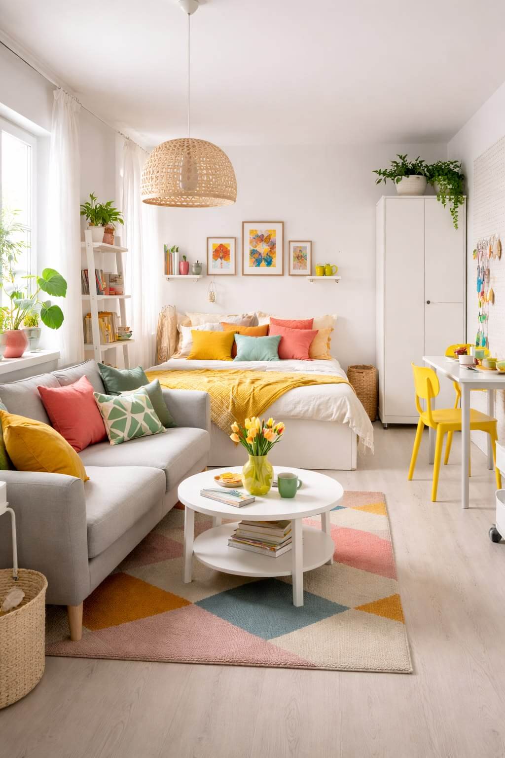 17 Ideas for Stylish Studio Apartments includes this colorful space with a neutral couch, table, and bed. Decorated with bright colored pillows and accessories.