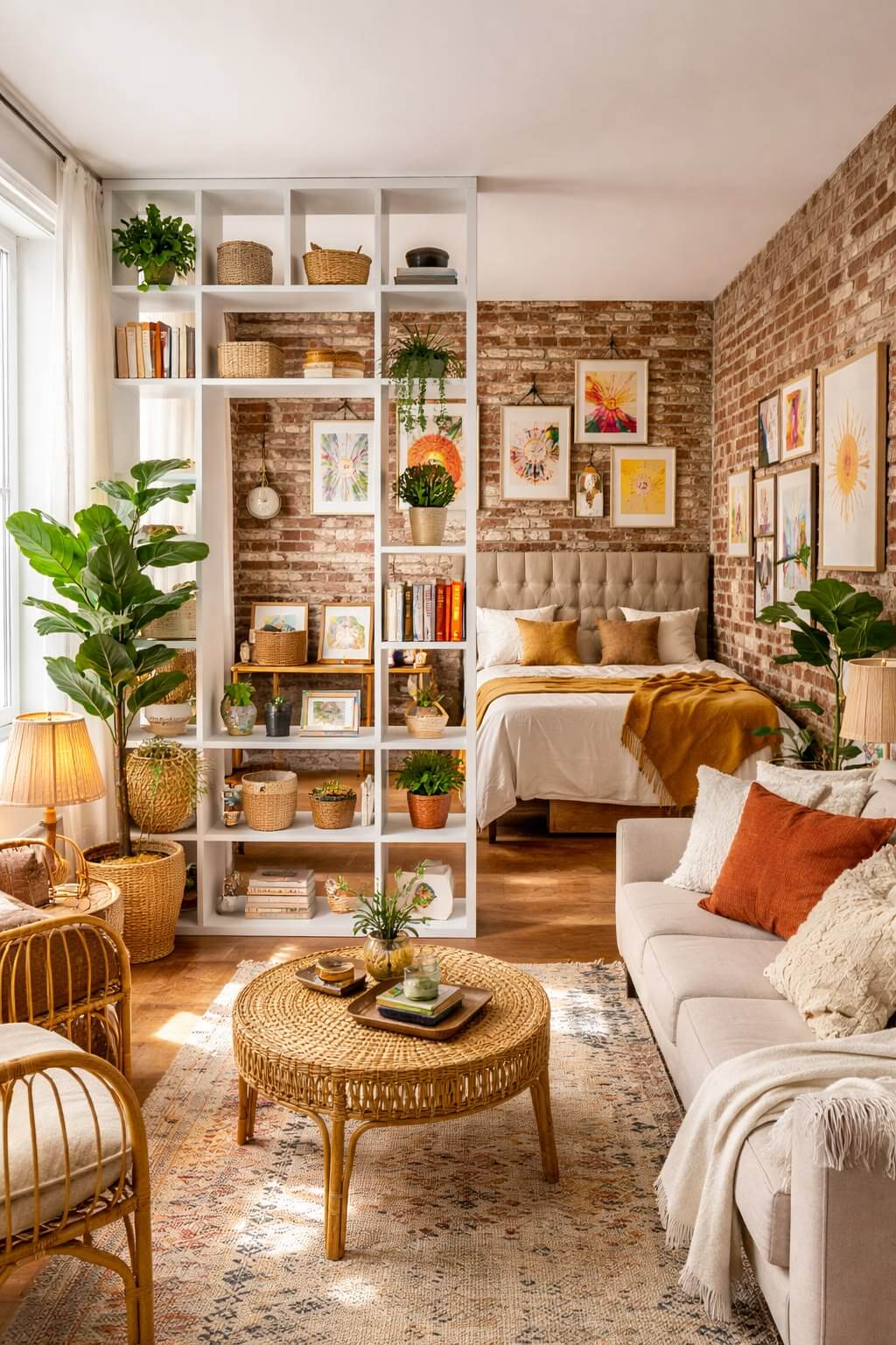 A brick-walled space with open white shelves floor to ceiling dividing the living area from the bedroom. There are rattan side chairs with a round wicker coffee table