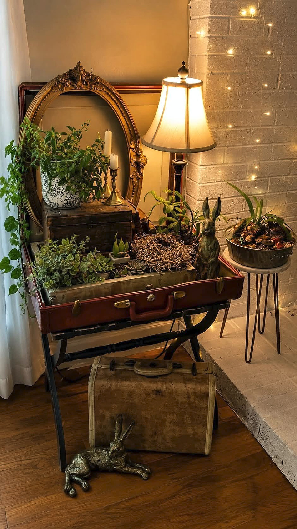 A nature scene with rabbits, bird nest, and plants.
