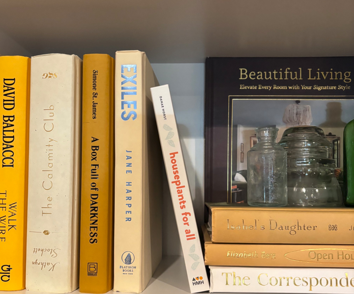 Take book covers off of books and display them by rows of the same colors.