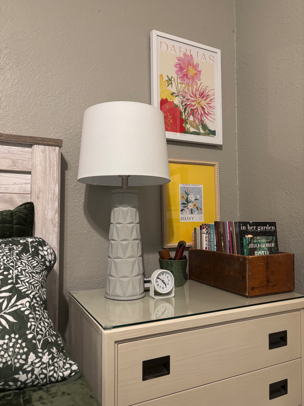 I created my serene green bedroom and added a wooden box with magazines and books.