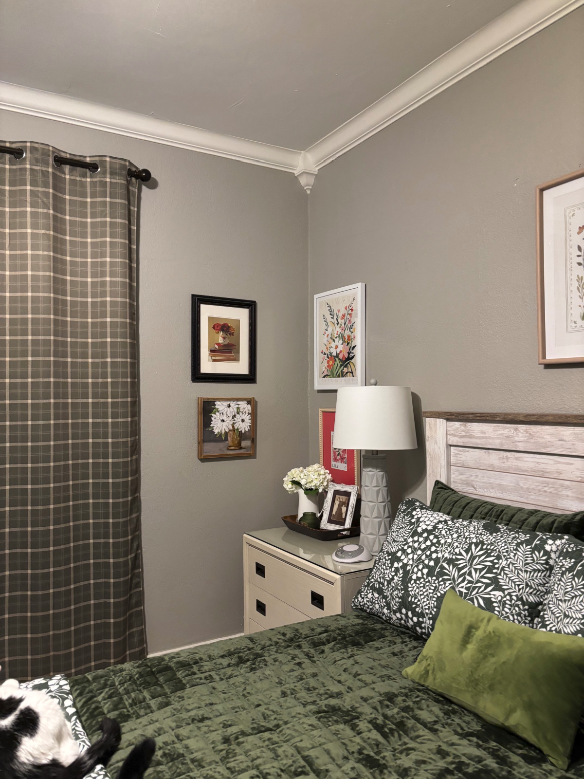 I created my serene green bedroom with new green bedding and curtains.