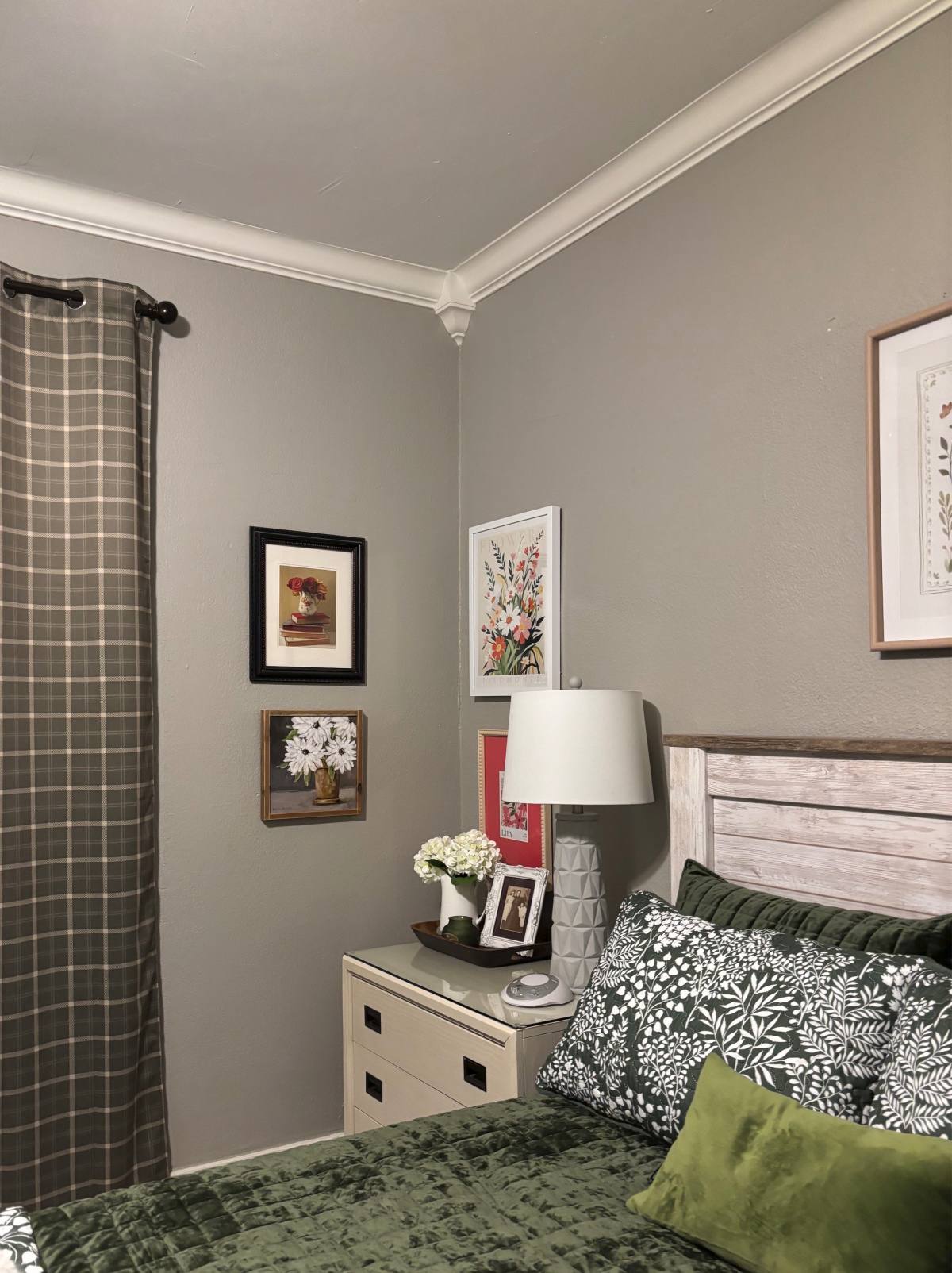 I created my serene green bedroom by choosing dark green quilts, sheets, and pillow shams.