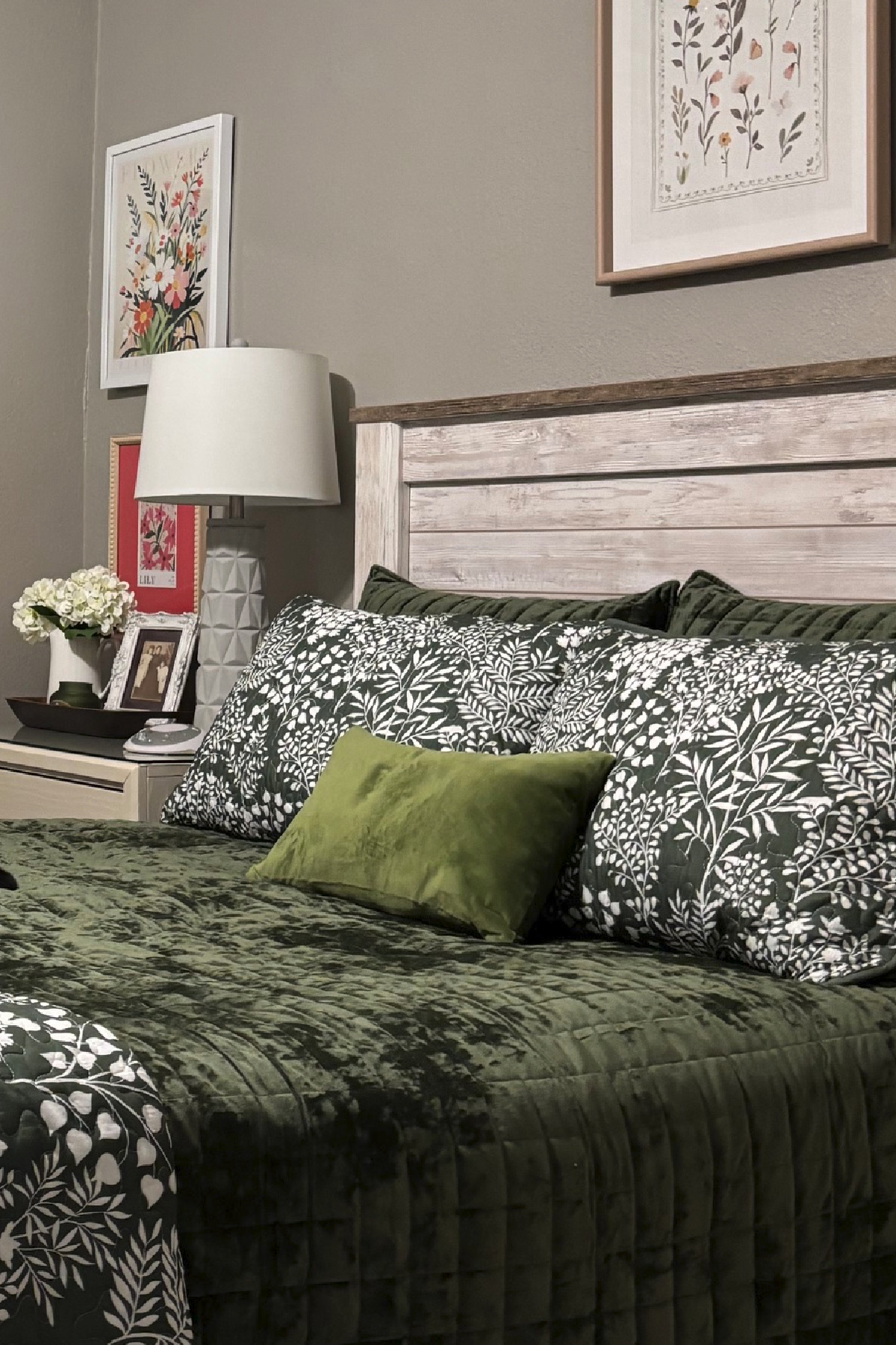 My bed with various shades of green.