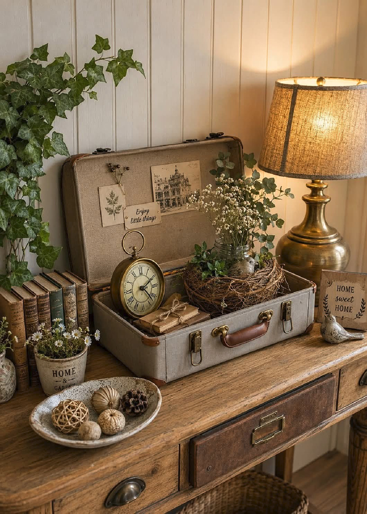A nature vignette on an antique desk.