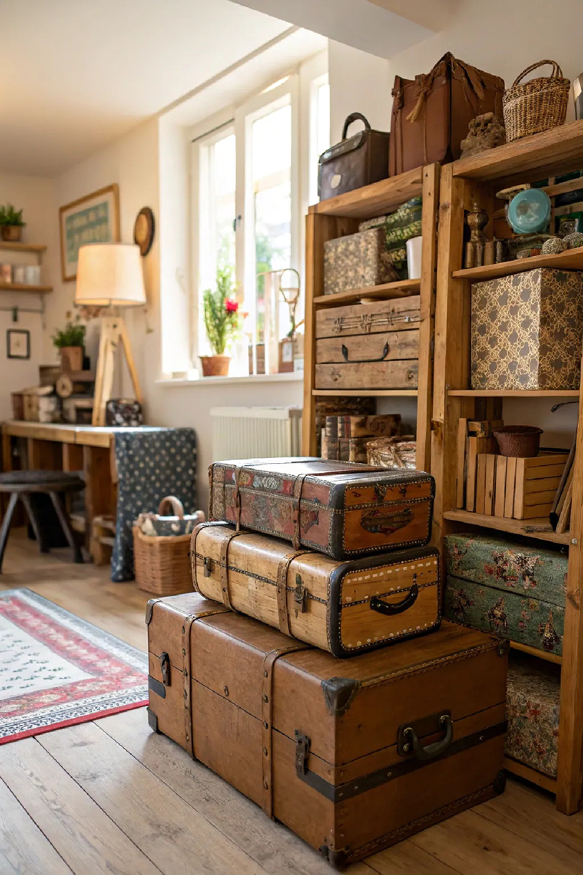 Stacked vintage suitcases in an art room.