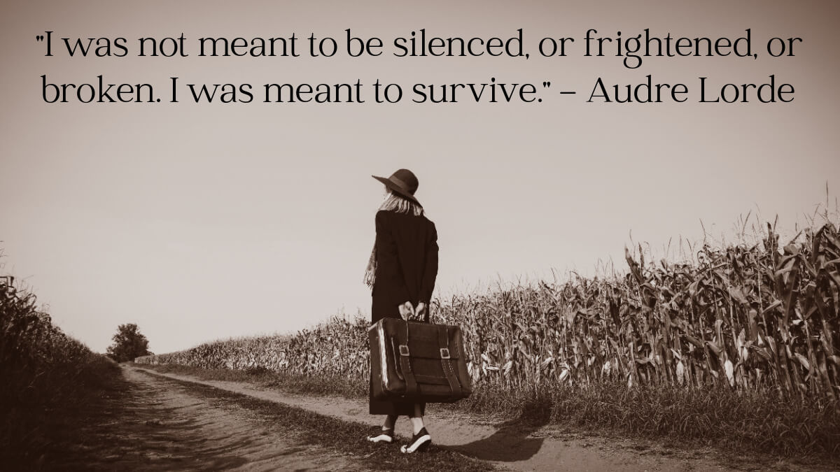 A woman's regret + self-recrimination leads her to finally leave. Quote by Audre Lorde.