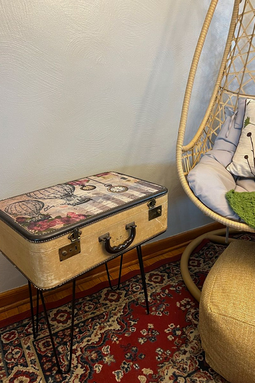 A repurposed suitcase turned side table.